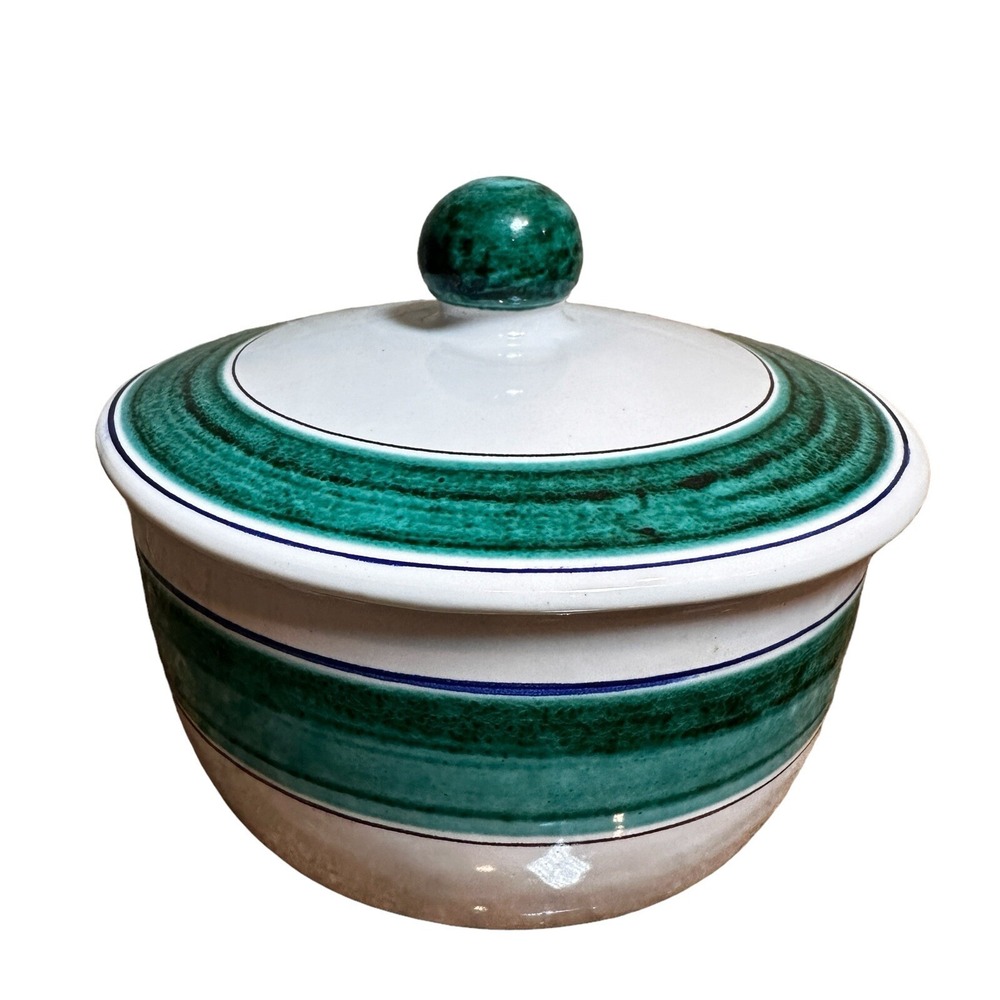 VTG Peasant Village Italy Lidded Bowl 4.5‎ Inch Pottery Stoneware White Green